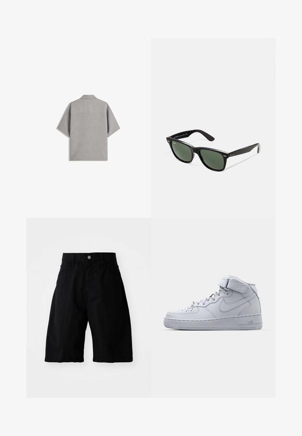 Bershka SHORT SLEEVE TAILORED - Majica - dark grey; Crne pamučne kratke hlače imaju opušteni kroj, dva bočna džepa, zatvaranje na dugme i čiste rubove, prikladne za svakodnevno nošenje.; Sivi visokoprofilni Nike Air Force 1 tenisice s kožnom gornjom površinom, podstavljenim ovratnikom i Velcro trakama. Ikonični dizajn sadrži perforirane prednje dijelove.; Crne plastične sunčane naočale s zelenim staklima, kvadratni okviri, srebrni naglasak na obrvi i teksturirane ručke. Naziv brenda naveden na unutrašnjoj strani ručke.