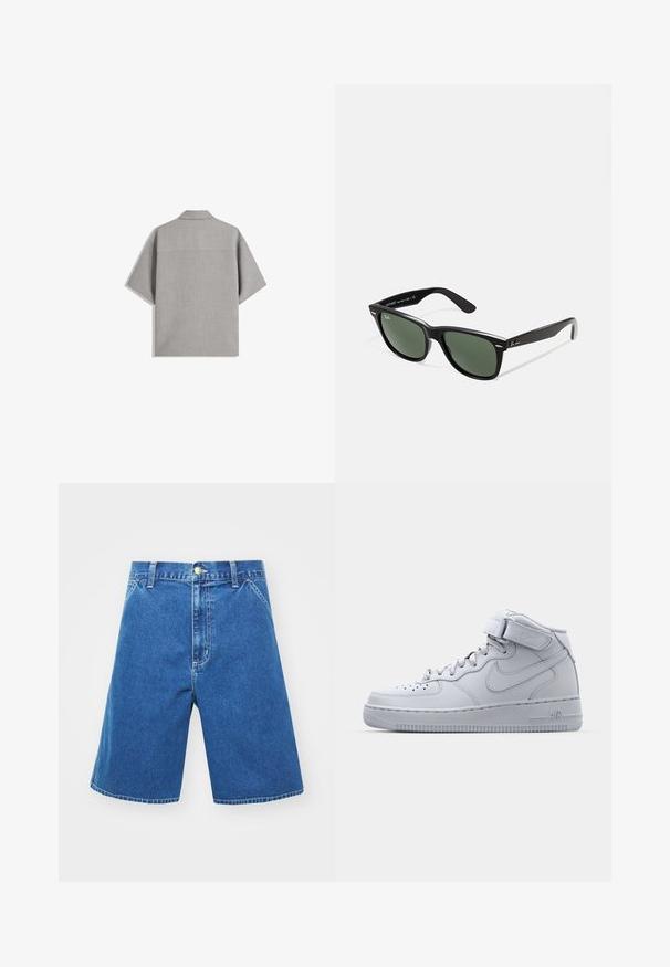 Bershka SHORT SLEEVE TAILORED - Camicia - dark grey; Shorts in denim dal colore blu, dalla vestibilità ampia, vita media, con tasche frontali e chiusura a bottone. Dettagli di cucitura lungo le cuciture.; Sneaker alte grigie Nike Air Force 1 con tomaia in pelle, colletto imbottito e cinturino in Velcro. Il design iconico presenta una punta perforata.; Occhiali da sole in plastica nera con lenti verdi, montatura quadrata, dettaglio argento sulla parte superiore e steli con texture. Marchio indicato sulla parte interna dello stelo.