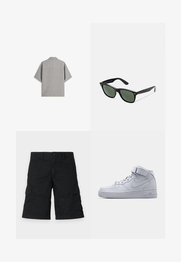 Bershka SHORT SLEEVE TAILORED - Chemise - dark grey; Shorts cargo noirs en tissu léger ; dotés de deux poches latérales et de deux poches à rabat ; design droit avec une coupe ample.; Baskets montantes grises Nike Air Force 1 avec tige en cuir, col rembourré et sangle en Velcro. Design emblématique avec boîte à orteils perforée.; Lunettes de soleil en plastique noir avec verres verts, monture carrée, accent argenté sur le sourcil et branches texturées. Marque indiquée sur l'intérieur de la branche.
