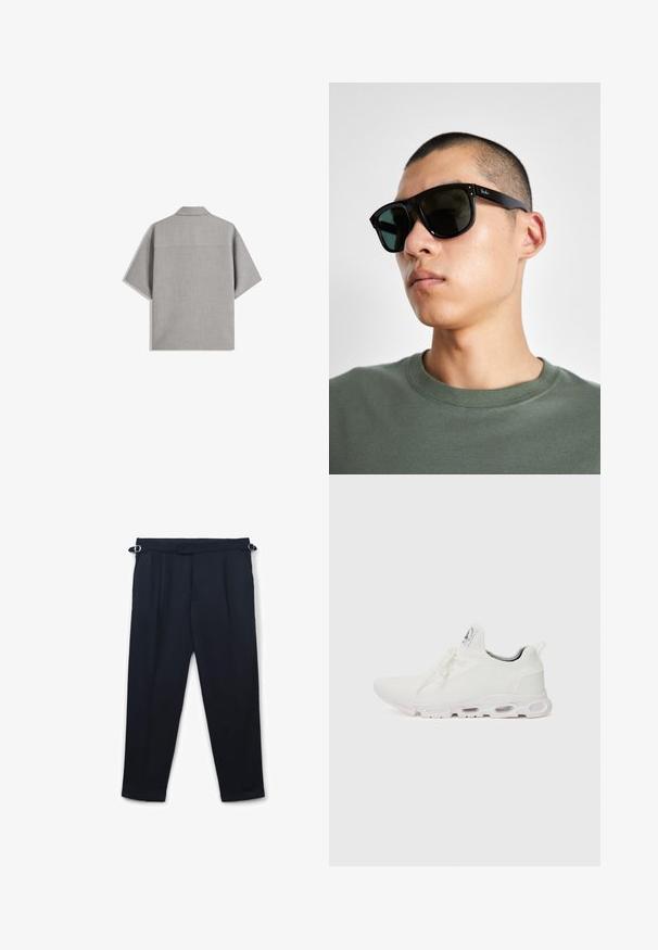 Bershka SHORT SLEEVE TAILORED - Hemd - dark grey; Marineblaue Hosen aus glattem Stoff, mit einer lockeren Passform, Falten, verstellbaren Trägern und einem geraden Saum.; Weiße Sportschuhe mit einem strukturierten Strickobermaterial, flachen Schnürsenkeln und einer gepolsterten Sohle mit sichtbaren Luftkammern für zusätzlichen Halt.; Schwarze rechteckige Sonnenbrille mit dunklen Gläsern, die eine markante Form und eine Markierung am Bügel aufweist. Getragen von einer Person in einem grünen Hemd.