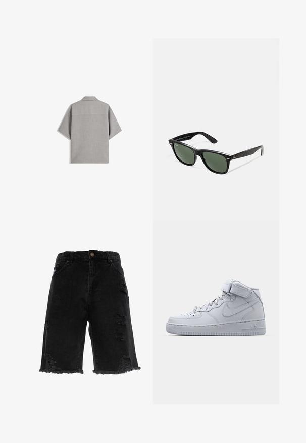 Bershka SHORT SLEEVE TAILORED - Košeľa - dark grey; Čierne denim šortky s rozstrapkaným lemom, obsahujúce poškodené trhliny a rovný strih. Zahrňujú tradičné predné vrecká a kovový gombík.; Vysoké šedé tenisky Nike Air Force 1 s koženým zvrškom, polstrovaným golierom a suchým zipsom. Ikonický dizajn má perforovanú špičku.; Čierne plastové slnečné okuliare so zelenými šošovkami, štvorcové rámy, strieborný akcent na obočí a textúrované ramenné opierky. Brand uvedený na vnútornej strane ramien.