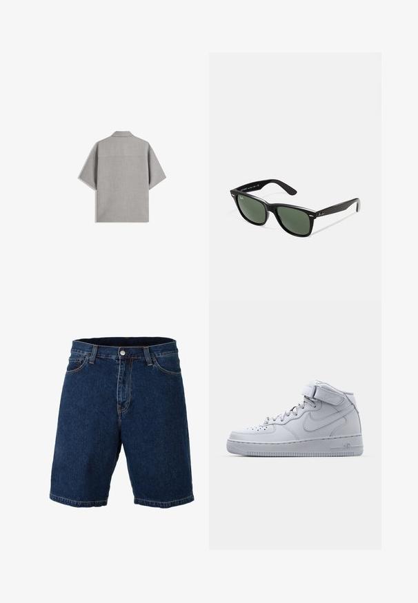 Bershka SHORT SLEEVE TAILORED - Shirt - dark grey; Denim shorts in dark blue with a straight cut, regular waistband, and metal button closure; features contrasting yellow stitching and hem.; High-top gray Nike Air Force 1 sneakers with leather upper, padded collar, and a Velcro strap. Iconic design features perforated toe box.; Black plastic sunglasses with green lenses, square frames, silver accent on the brow, and textured temple arms. Stated brand on inner arm.