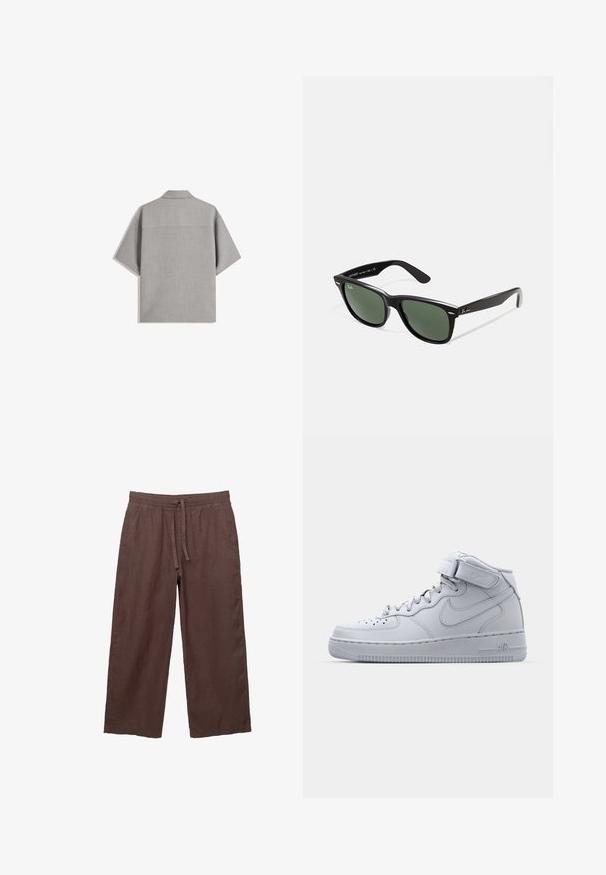Bershka SHORT SLEEVE TAILORED - Overhemd - dark grey; Bruine linnen wijde broek met een trekkoord in de taille, voorzien van twee zijzakken en een lichte, gestructureerde stof.; Grijze Nike Air Force 1 sneakers met hoge bovenkant, leren bovenwerk, gewatteerde kraag en een klittenbandsluiting. Iconisch ontwerp met geperforeerde toe box.; Zwarte plastic zonnebril met groene lenzen, vierkante montuur, zilveren accent op de wenkbrauw en een gestructureerde tempel. Merken vermeld op de binnenkant van de arm.