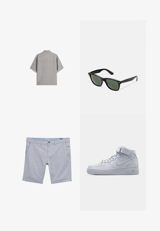 Bershka SHORT SLEEVE TAILORED - Cămașă - dark grey; Șorturi gri din țesătură împletită, cu un model texturat. Au bucle pentru curea, două buzunare frontale și un buzunar mic pe lateral. Croi regular.; Adidași înalți gri Nike Air Force 1, cu partea superioară din piele, guler căptușit și o curea Velcro. Designul iconic include o cutie a vârfului perforată.; Ochelari de soare din plastic negru cu lentile verzi, rame pătrate, accent argintiu pe sprânceană și brațe texturate. Marca este menționată pe brațul interior.