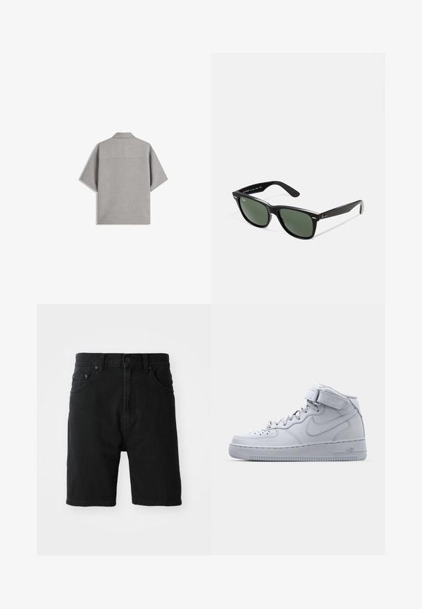 Bershka SHORT SLEEVE TAILORED - Srajca - dark grey; Črne denim kratke hlače z ravnim krojem, petimi žepi, sprednjo zaponko in zavihanimi robovi. Gladka tekstura brez vidnih vzorcev.; Visoke sive Nike Air Force 1 teniske z usnjem zgoraj, podloženim ovratnikom in z ježkom. Ikonična zasnova vključuje perforirano cono za prste.; Črne plastične sončna očala z zelenimi lečami, kvadratni okvirji, srebrni detajl na obrvi in teksturirani ročaji. Blagovna znamka navedena na notranji strani ročaja.