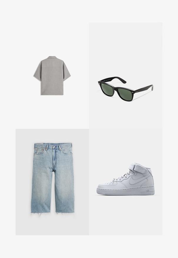 Bershka SHORT SLEEVE TAILORED - Ing - dark grey; Világoskék farmer rövidnadrág egyenes szabásban, szakadt szegéllyel, öt zsebes dizájnnal és gombos záródással a deréknál.; Magas szárú szürke Nike Air Force 1 sportcipők bőrből készült felsőrészsel, párnázott bokarésszel és tépőzárral. Ikonikus dizájn jellemzi a perforált orrdoboz.; Fekete műanyag napszemüveg zöld lencsékkel, négyzet alakú kerettel, ezüst díszítéssel a keret felső részén, valamint texturált szárakkal. A márka neve a belső száron található.