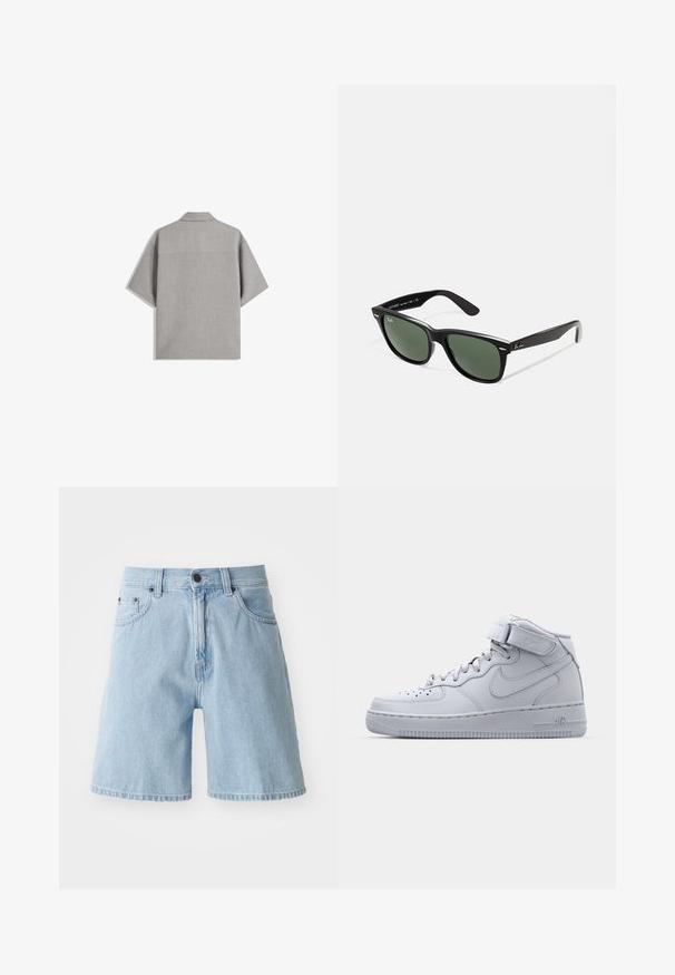 Bershka SHORT SLEEVE TAILORED - Srajca - dark grey; Svijetloplave traper kratke hlače s opuštenim krojem, dizajnom s pet džepova i kopčanjem na gumb u struku; sirovi rubovi na nogavicama.; Visoke sive Nike Air Force 1 teniske z usnjem zgoraj, podloženim ovratnikom in z ježkom. Ikonična zasnova vključuje perforirano cono za prste.; Črne plastične sončna očala z zelenimi lečami, kvadratni okvirji, srebrni detajl na obrvi in teksturirani ročaji. Blagovna znamka navedena na notranji strani ročaja.