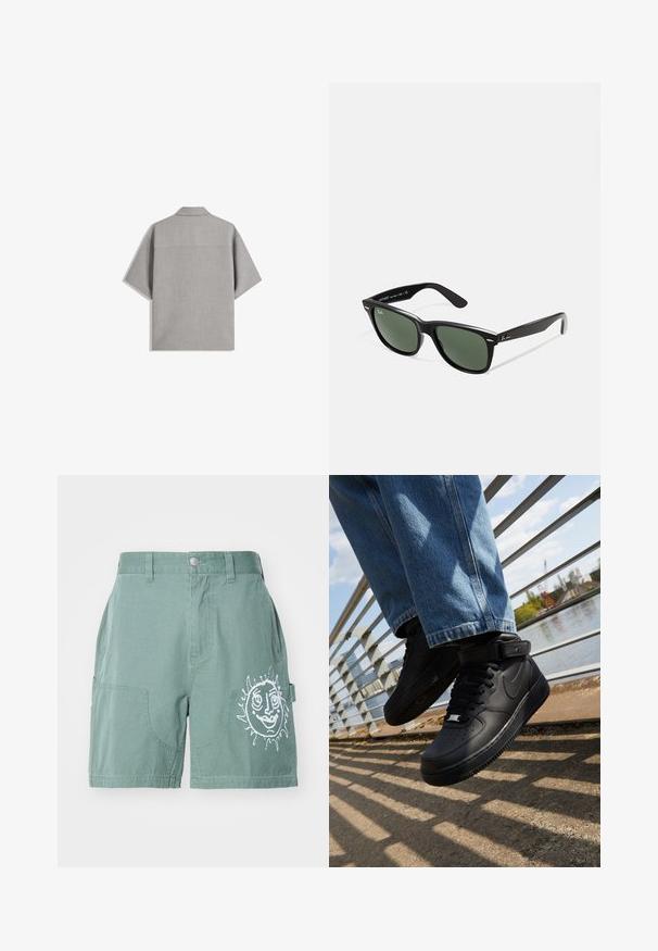 Bershka SHORT SLEEVE TAILORED - Ing - dark grey; Zöld pamut rövidnadrág laza szabással, két elülső zsebbel és egy fehér nap grafikával a jobb lábon. Egyszerű alsó szegély, minta nélkül.; Fekete Nike Air Force 1 sportcipők bőr felsőrésszel, hálós nyelvvel és gumitalppal, magas szárú dizájnnal és vastag fűzőkkel.; Fekete műanyag napszemüveg zöld lencsékkel, négyzet alakú kerettel, ezüst díszítéssel a keret felső részén, valamint texturált szárakkal. A márka neve a belső száron található.