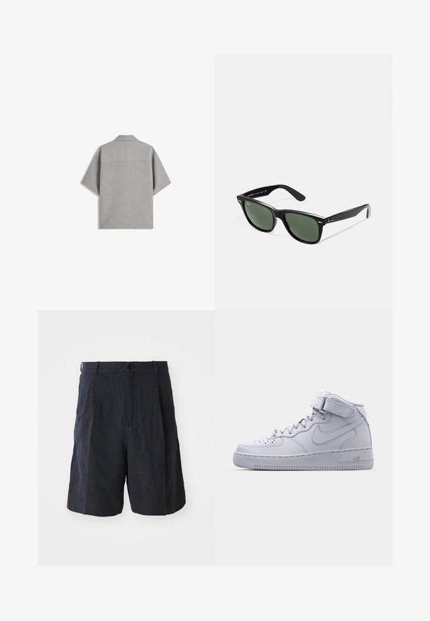 Bershka SHORT SLEEVE TAILORED - Vapaa-ajan kauluspaita - dark grey; Weekday LOOSE SUIT - Shortsit - black; Korkeat harmaat Nike Air Force 1 -tennarit, joissa on nahkainen päällinen, pehmustettu nilkkaosa ja tarranauha. Ikoninen muotoilu sisältää rei'itetyn varvastaskun.; Mustat muoviset aurinkolasit, joissa on vihreät linssit, neliönmuotoiset kehykset, hopeinen yksityiskohta kulmakarvojen kohdalla sekä tekstuuriset temppeleiden varret. Brändi ilmoitettu sisävarsissa.