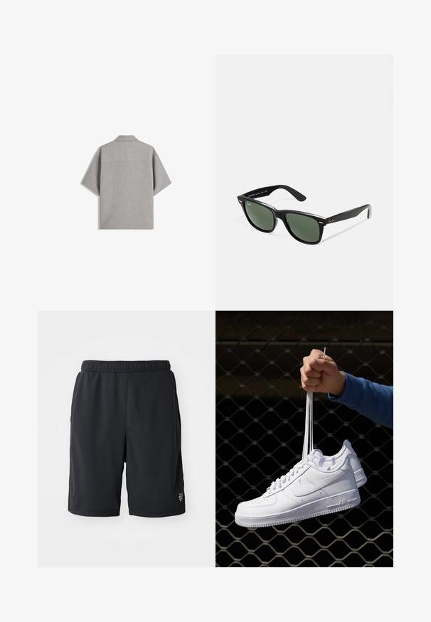 Bershka - Koszula; Czarne spodenki sportowe wykonane z oddychającego siateczkowego materiału, z elastycznym paskiem w talii oraz dyskretnym logo na dolnej prawej stronie.; Białe skórzane sneakersy z perforacjami, okrągłym noskiem, płaską podeszwą i grubymi sznurówkami, z widocznym logo swoosh i napisem „AIR” na pięcie.; Czarne plastikowe okulary przeciwsłoneczne z zielonymi szkłami, kwadratowe oprawki, srebrny akcent na brwi oraz fakturowane ramiona temple. Nazwa marki podana na wewnętrznej stronie ramion.