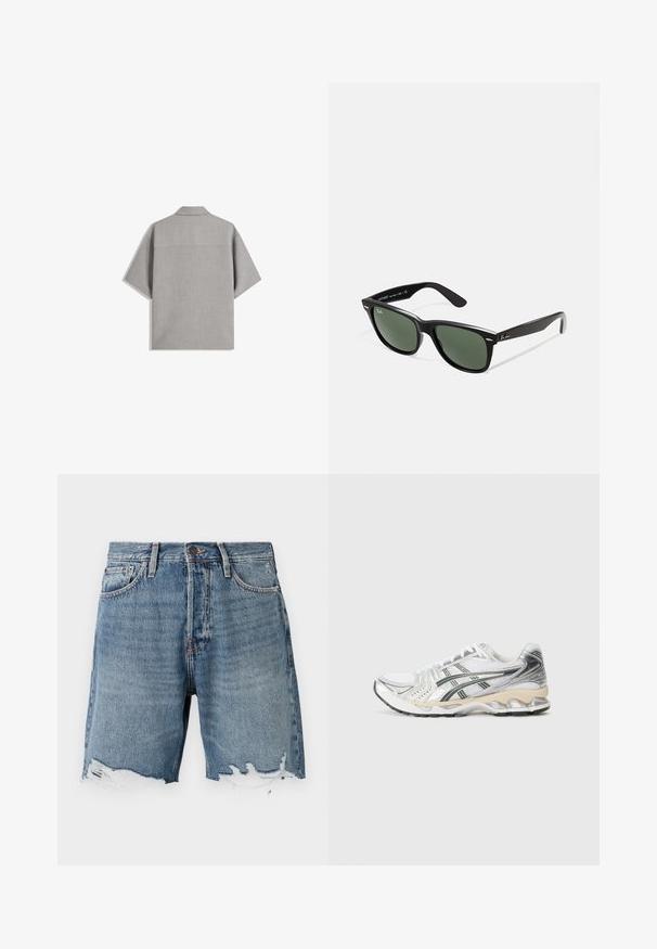 Bershka SHORT SLEEVE TAILORED - Vapaa-ajan kauluspaita - dark grey; Vaaleansiniset denimist shortsit, joissa on kuluneet reunat, viisi taskua ja näkyvät ompeleet. Värin viimeistelyssä on napitus vyötäröllä.; Valkoinen urheilukenkä, jossa on hopeisia ja mustia yksityiskohtia, verkkokangasyläosa, teksturoitu muotoilu, pehmeä pohja ja joustava kulutuspinta.; Mustat muoviset aurinkolasit, joissa on vihreät linssit, neliönmuotoiset kehykset, hopeinen yksityiskohta kulmakarvojen kohdalla sekä tekstuuriset temppeleiden varret. Brändi ilmoitettu sisävarsissa.