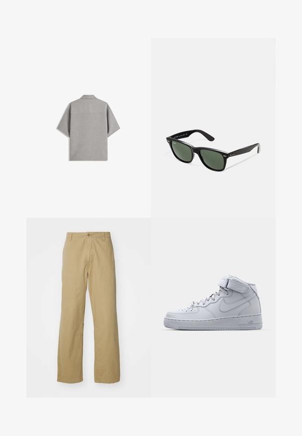 Bershka SHORT SLEEVE TAILORED - Camicia - dark grey; Pantaloni in cotone khaki con design a gamba dritta, dotati di chiusura frontale con bottone e tasche laterali. Texture liscia e robusta.; Sneaker alte grigie Nike Air Force 1 con tomaia in pelle, colletto imbottito e cinturino in Velcro. Il design iconico presenta una punta perforata.; Occhiali da sole in plastica nera con lenti verdi, montatura quadrata, dettaglio argento sulla parte superiore e steli con texture. Marchio indicato sulla parte interna dello stelo.