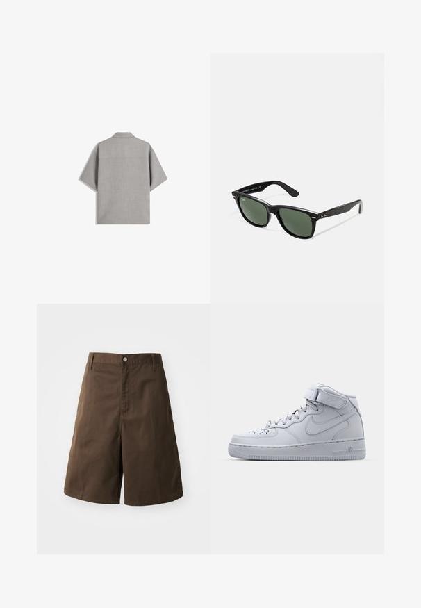 Bershka SHORT SLEEVE TAILORED - Chemise - dark grey; Shorts en coton marron avec une coupe droite, dotés d'une fermeture à bouton, de passants de ceinture et sans motifs ni accents visibles.; Baskets montantes grises Nike Air Force 1 avec tige en cuir, col rembourré et sangle en Velcro. Design emblématique avec boîte à orteils perforée.; Lunettes de soleil en plastique noir avec verres verts, monture carrée, accent argenté sur le sourcil et branches texturées. Marque indiquée sur l'intérieur de la branche.