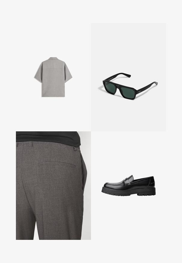 Bershka SHORT SLEEVE TAILORED - Ing - dark grey; Szürke, testre szabott nadrág sima textúrával, egy hátsó zsebbel és karcsú szabással. Az anyagon finom minta található.; Fekete bőr loaferek vastag, bordázott talppal és díszcsíkkal az upper rész felett, bal oldali profilmódban, fehér háttér előtt.; Fekete téglalap alakú napszemüveg zöld lencsékkel. Műanyagból készült, nyolcszögletű formájú és sima felületű. Ray-Ban márkajelzéssel az oldalon.