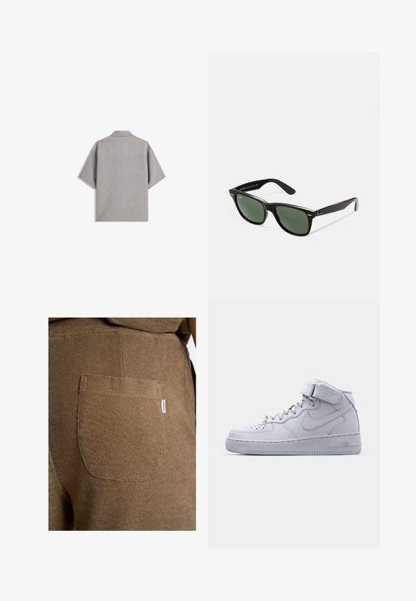 Bershka SHORT SLEEVE TAILORED - Vapaa-ajan kauluspaita - dark grey; Lindbergh ELASTIC WAIST - Shortsit - dk stone; Korkeat harmaat Nike Air Force 1 -tennarit, joissa on nahkainen päällinen, pehmustettu nilkkaosa ja tarranauha. Ikoninen muotoilu sisältää rei'itetyn varvastaskun.; Mustat muoviset aurinkolasit, joissa on vihreät linssit, neliönmuotoiset kehykset, hopeinen yksityiskohta kulmakarvojen kohdalla sekä tekstuuriset temppeleiden varret. Brändi ilmoitettu sisävarsissa.
