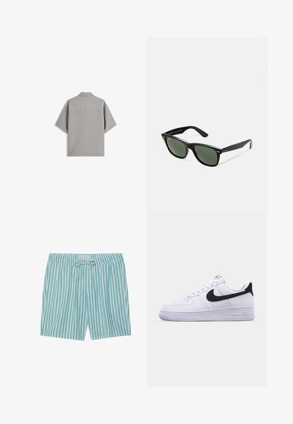 Bershka SHORT SLEEVE TAILORED - Hemd - dark grey; Gestreifte Badeshorts in Hellgrün und Weiß. Verfügt über einen elastischen Bund, eine Kordelzugschließe und seitliche Taschen. Hergestellt aus leichtem Stoff.; Weißes Leder-Sneaker mit einem strukturierten schwarzen Swoosh, flachen Schnürsenkeln und einer Gummisohle mit genoppetem Muster. "AIR" ist auf der Ferse eingeprägt.; Schwarze Plastiksonnenbrille mit grünen Gläsern, quadratischen Rahmen, silbernem Akzent auf der Augenbraue und strukturierten Bügeln. Angegebene Marke auf dem inneren Bügel.