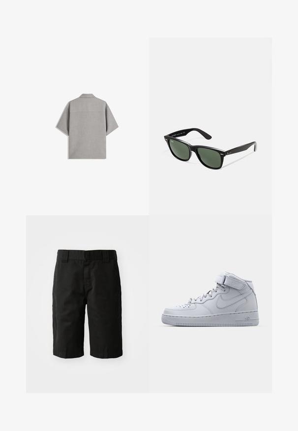 Bershka SHORT SLEEVE TAILORED - Overhemd - dark grey; Zwarte katoenen shorts met een rechte snit, riemlussen en een vlakke voorkant. Voorzien van zijzakken en een gladde textuur.; Grijze Nike Air Force 1 sneakers met hoge bovenkant, leren bovenwerk, gewatteerde kraag en een klittenbandsluiting. Iconisch ontwerp met geperforeerde toe box.; Zwarte plastic zonnebril met groene lenzen, vierkante montuur, zilveren accent op de wenkbrauw en een gestructureerde tempel. Merken vermeld op de binnenkant van de arm.