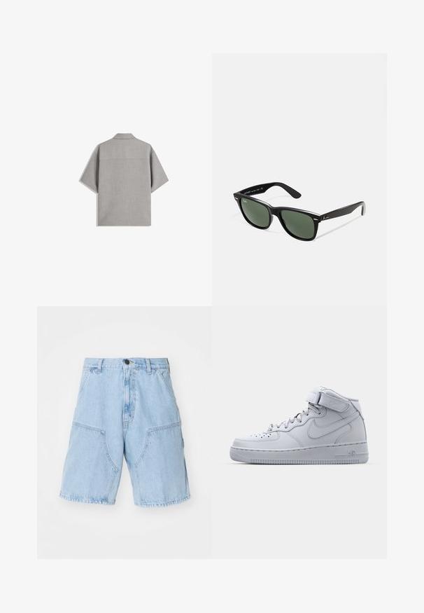 Bershka - Koszula; Jasnoniebieskie szorty dżinsowe o luźnym kroju, z dwoma dużymi kieszeniami z przodu i zapięciem na guzik w talii.; Szare wysokie sneakersy Nike Air Force 1 z skórzaną cholewką, wyściełanym kołnierzem i paskiem na rzep. Ikonowy design z perforowanym noskiem.; Czarne plastikowe okulary przeciwsłoneczne z zielonymi szkłami, kwadratowe oprawki, srebrny akcent na brwi oraz fakturowane ramiona temple. Nazwa marki podana na wewnętrznej stronie ramion.
