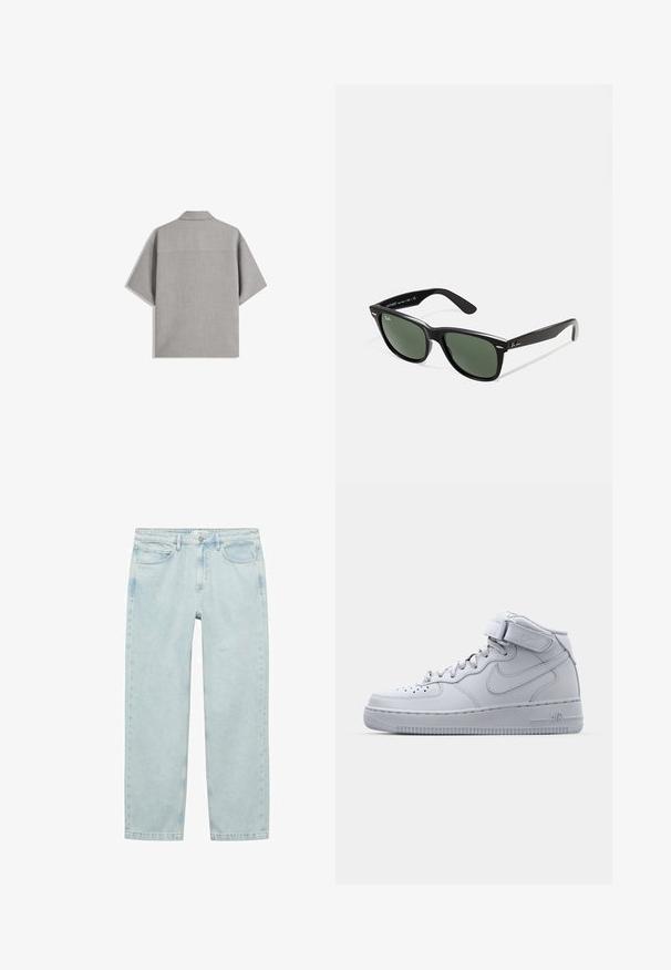 Bershka SHORT SLEEVE TAILORED - Majica - dark grey; Svijetloplave traperice s opuštenim krojem, ravnim nogavicama, pet džepova i metalnim kopčanjem na struku.; Sivi visokoprofilni Nike Air Force 1 tenisice s kožnom gornjom površinom, podstavljenim ovratnikom i Velcro trakama. Ikonični dizajn sadrži perforirane prednje dijelove.; Crne plastične sunčane naočale s zelenim staklima, kvadratni okviri, srebrni naglasak na obrvi i teksturirane ručke. Naziv brenda naveden na unutrašnjoj strani ručke.