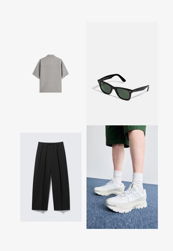 Bershka SHORT SLEEVE TAILORED - Camicia - dark grey; Pantaloni neri a gamba larga realizzati in tessuto leggero, con vita elastica regolabile e senza tasche visibili.; Scarpe da ginnastica bianche con sovrapposizioni testurizzate, suola spessa e accenti grigi. Indossate con calze corte bianche e pantaloni corti verdi su una superficie blu.; Ray-Ban WAYFARER UNISEX - Occhiali da sole - black