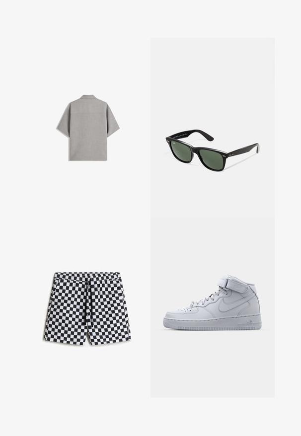 Bershka SHORT SLEEVE TAILORED - Camicia - dark grey; Costumi da bagno a scacchi bianco e nero con vita elastica, cordoncino e tasche laterali, realizzati in un tessuto leggero e morbido.; Sneaker alte grigie Nike Air Force 1 con tomaia in pelle, colletto imbottito e cinturino in Velcro. Il design iconico presenta una punta perforata.; Occhiali da sole in plastica nera con lenti verdi, montatura quadrata, dettaglio argento sulla parte superiore e steli con texture. Marchio indicato sulla parte interna dello stelo.