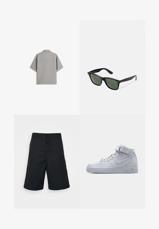 Bershka SHORT SLEEVE TAILORED - Camicia - dark grey; Pantaloni corti neri realizzati in tessuto intrecciato, con taglio dritto, vita standard e senza motivi o accessori visibili.; Sneaker alte grigie Nike Air Force 1 con tomaia in pelle, colletto imbottito e cinturino in Velcro. Il design iconico presenta una punta perforata.; Occhiali da sole in plastica nera con lenti verdi, montatura quadrata, dettaglio argento sulla parte superiore e steli con texture. Marchio indicato sulla parte interna dello stelo.