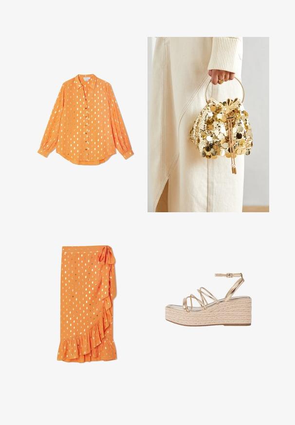 Oranžna majica z dolgimi rokavi iz lahkotnega materiala, ki ima zlate pikice, gumbno zapiranje spredaj in gumbnice na manšetah, z zasnovo sproščenega kroja.; Oranžna skoraj dolga krila z zlatimi pikami, z nabranim robom in stransko zavezo. Narejena je iz lahkega materiala, ki ima gladko teksturo.; Zlate kovinske wedges sandale z pleteno juto platformo, ki imajo več tankih trakov in zapenjalo za gleženj za podporo.; Zlatna torba s cirkonima na povlačenje s kružnom drškom, koja sadrži sjajne okrugle cirkone i teksturiranu tkaninu. Dimenzije nisu navedene.