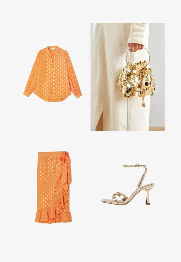 Narančasta majica dugih rukava od laganog materijala, s zlatnim točkicama, prednjim kopčanjem na dugmadi i dugmićima na rukavima, te s ležernim krojem.; Narančasta suknja u obliku omota s zlatnim točkicama, volanima na rubu i vezanjem sa strane. Izrađena od laganog materijala s glatkom teksturom.; Zlatne metalik sandale s visokom petom, dizajn s preklapanjem trakica, naramenica za gležanj s kopčom i sjajna blok peta. Kvadratni oblik prstiju.; Zlatna torba na šnalu sa šljokicama i kružnom drškom, koja sadrži sjajne okrugle šljokice i teksturiranu tkaninu. Dimenzije nisu navedene.