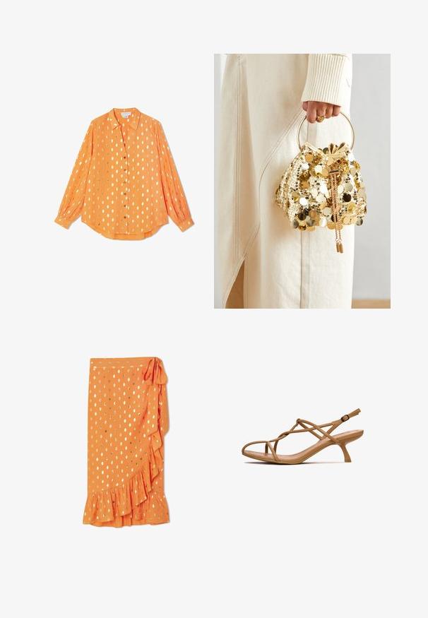 Oranges langärmliges Hemd aus leichtem Stoff, mit goldenen Punkten, Knopfleiste und geknöpften Manschetten, in einem entspannten Schnitt.; Oranger Wickelrock mit goldenen Punkten, Rüschensaum und seitlichem Bindeband. Hergestellt aus leichtem Stoff, mit glatter Textur.; Helle Sandale mit Riemchen, spitzem Zehenbereich und dünnem Absatz. Hergestellt aus Gummi mit glatter Oberfläche. Verfügt über überkreuzte Riemen und einen verstellbaren Knöchelriemen.; Goldfarbene Drawstring-Handtasche mit einem runden Griff, verziert mit glänzenden runden Pailletten und einem strukturierten Stoff. Abmessungen sind nicht angegeben.