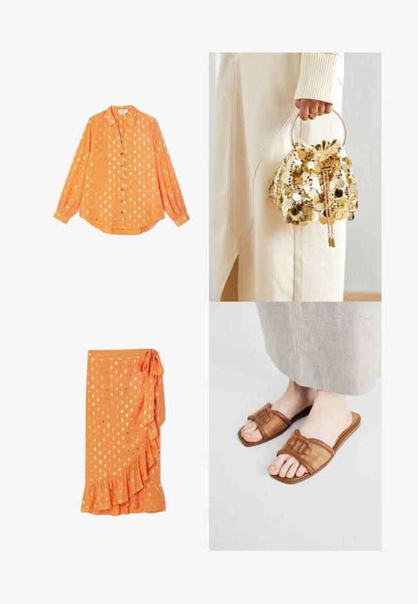 Orange long-sleeve shirt in lightweight fabric, featuring gold polka dots, button front, and buttoned cuffs, with a relaxed fit design.; Orange wrap skirt with gold polka dots, ruffled hem, and a side tie. Made of lightweight fabric, featuring a smooth texture.; Brown slide sandals featuring woven textile and smooth leather accents, with a flat sole and a decorated strap.; Gold sequin drawstring handbag with a circular handle, featuring shiny round sequins and a textured fabric. Dimensions are not provided.