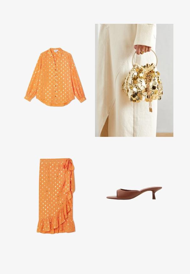Camicia arancione a maniche lunghe in tessuto leggero, con pois dorati, chiusura con bottoni sul davanti e polsini abbottonati, caratterizzata da un design a vestibilità rilassata.; Gonna avvolgente arancione con pois dorati, orlo arricciato e legatura laterale. Realizzata in tessuto leggero, presenta una texture liscia.; Mule con tacco aperto di colore marrone, con una finitura liscia e opaca, caratterizzate da un design curvo e un tacco trasparente e affusolato.; Borsa a tracolla con coulisse in paillettes dorate e manico circolare, caratterizzata da paillettes rotonde lucide e un tessuto testurizzato. Le dimensioni non sono fornite.