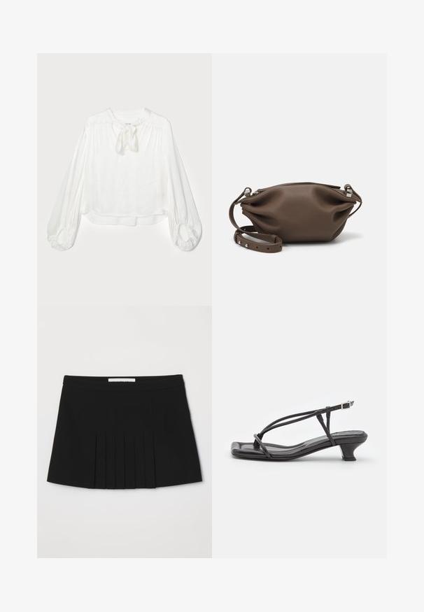 Balta blūze ar apaļo kakla izgriezumu un saišķa detaļu. Ilgie, pūkaini piedurknes ar savilktām aprocēm un brīvu piegriezumu. Mīksts, viegls audums.; Melna plisētā svārki ar gludu jostu. Izgatavoti no viegla auduma, ar vertikālām plisiešanas līnijām, kas piešķir tekstūru un detaļas.; Melnas ādas sandales ar plānām siksniņām, zemu blokveida papēdi un kvadrātveida deguniem. Ar sprādzi un gludu tekstūru.; Brūnas ādas rokassoma ar mīkstu, strukturētu dizainu, aprīkota ar augšējo rāvējslēdzēju un regulējamu siksnu ar sudraba krāsas aksesuāriem.; Sudraba pērļu auskari ar izliekta, pupiņas formas dizainu. Gluda, spīdīga virsma un nostiprināti ar tapu un aizmugures aizdari.