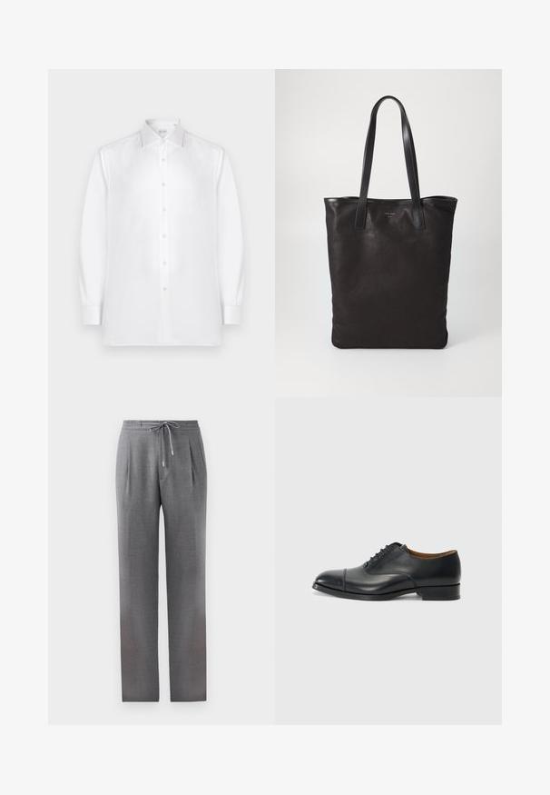 Valge pika varrukaga nööbiga särk, mis on valmistatud siledast kangast, millel on tavaline krae ja rida pärlilaadseid nuppe ees.; Hallid, kohandatud püksid hallis varjus, millel on nöörivöö, põlvelapid ja sirged sääred. Kangas on sile tekstuuriga, millel on peen mustriline viimistlus.; Must have nahkkingak, sileda viimistluse, ümarate varvastega, viie silmaga paelte jaoks ja madala ploki kontsaga. Minimalistlik disain koos diskreetsete õmblustega.; Mustmust kott mustade nahkade käepidemetega. Lihtne disain, avar keha ja sile tekstuur. Pole nähtavaid logosid ega mustreid.