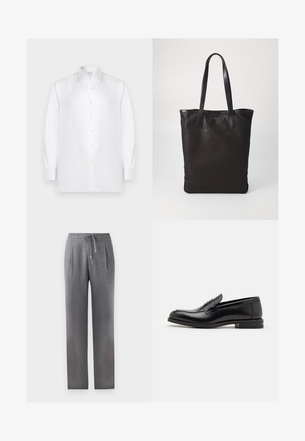 Camicia bianca a maniche lunghe con bottoni, realizzata in tessuto morbido, caratterizzata da un colletto standard e una fila di bottoni simili a perle sul davanti.; Pantaloni grigi su misura con vita regolabile, pinces e gambe dritte. Il tessuto è morbido, con una finitura a trama sottile.; Mocassini neri in pelle con una texture liscia, punta arrotondata e una striscia decorativa sulla tomaia. Tacco basso impilato, design minimalista.; Borsa tote in tela nera con manici in pelle nera. Design semplice, corpo spazioso e texture liscia. Nessun logo o motivo visibile.