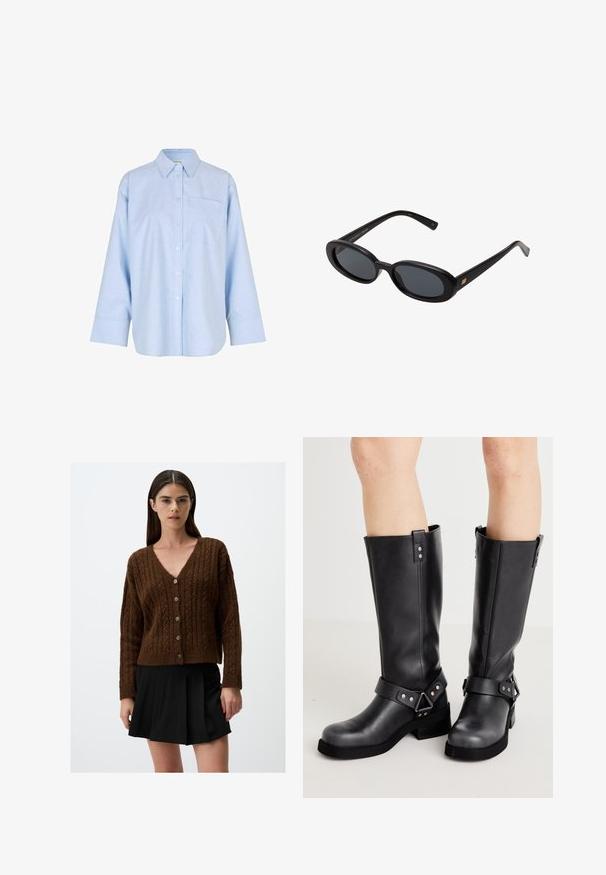 Chemise boutonnée à manches longues, bleu clair, fabriquée dans un tissu léger et doux. Elle présente une poche avant et un col classique.; Cardigan en tricot torsadé marron avec un col en V et six boutons sur le devant ; bords-côtes aux poignets et à l'ourlet. Porté sur une jupe plissée noire.; Bottes en cuir noir à hauteur de genou avec une tige large, des détails à lanière, une quincaillerie en argent et une semelle plate. Texture lisse avec un léger éclat.; Lunettes de soleil noires surdimensionnées avec des verres ovoïdes, monture en plastique lisse et accents dorés sur les tempes. Les verres sombres offrent une protection contre le soleil.