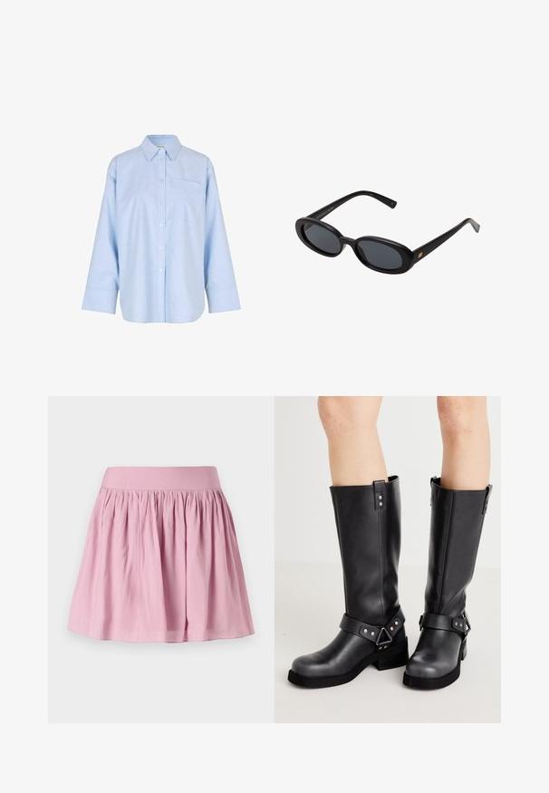 Helles blaues, langärmliges Hemd mit Knopfleiste aus einem weichen, leichten Stoff. Verfügt über eine Brusttasche und ein klassisches Kragen-Design.; Helle rosa ausgestellt Rock mit elastischem Bund und gerafftem Stoff, der eine glatte Textur aufweist und knielang geschnitten ist. Keine Muster oder Akzente.; Schwarze Lederstiefel bis zum Knie mit weiter Schaftweite, Riemenverzierungen, silbernen Beschlägen und flacher Sohle. Glatte Textur mit leichtem Glanz.; Schwarze, oversized Sonnenbrillen mit ovalen Gläsern, glattem Kunststoffrahmen und goldenen Akzenten an den Bügeln. Die dunklen Gläser bieten Sonnenschutz.
