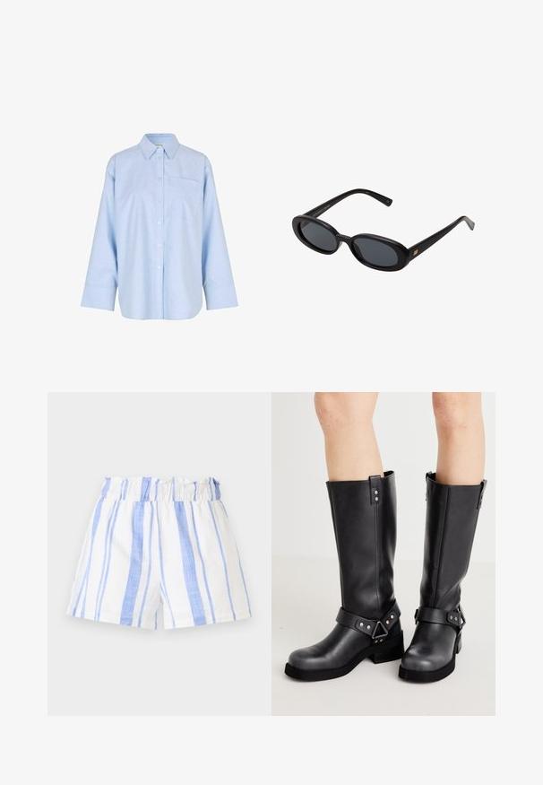 Svijetloplava dugorukava košulja s dugim rukavima, izrađena od mekog, laganog materijala. Ima prednji džep i klasičan dizajn ovratnika.; Bele hlače s modrimi navpičnimi črtami, z zbranim elastičnim pasom in lahkotnim, strukturiranim materialom.; Črne usnjene pohodne čevlje do kolen s širokim steblom, podrobnostmi pasu, srebrnim okovanjem in ravnim podplatom. Gladka tekstura z rahlim sijajem.; Črne oversize sončne očala z ovalnimi lečami, gladkim plastičnim okvirjem in zlatenimi detajli na templjih. Temne leče zagotavljajo zaščito pred soncem.