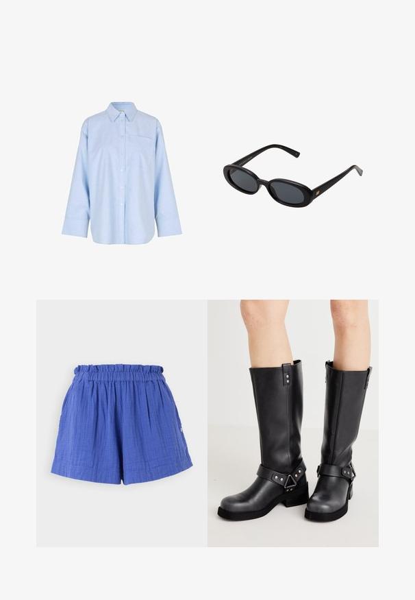 Helesin sinine, pika varrukaga nööpidega särk, mis on valmistatud pehmest ja kergest kangast. Omab esist taskut ja klassikalist kraediaini.; Sinised puuvillased lühikesed püksid, millel on kokku volditud vöökoht ja küljetaskud, tekstureeritud kangas ja mugav lõige.; Mustad mustad mustedega nahast põlvikud, millel on lai vars, rihmade detailid, hõbedane riistvaraga ja lame tald. Sile tekstuur kerge läikega.; Mustad mustad prillid ovaalsete läätsedega, sujuvast plastmassraamist ja kuldsete aktsentidega tempel. Tumedaid läätsi, mis pakuvad päikese kaitset.