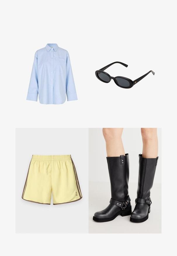 Světle modrá, dlouhý rukáv, košile na knoflíky vyrobená z měkké, lehké tkaniny. Má přední kapsu a klasický design límce.; Žluté sportovní šortky s hnědými bočními pruhy. Mají elastický pas a logo Adidas na dolním levém rohu. Hladký polyesterový materiál.; Černé kožené vysoké boty ke kolenům s širokým šachta, detaily se strapci, stříbrné kovové doplňky a plochou podrážkou. Hladký textura s mírným leskem.; Černé oversized sluneční brýle s oválnými čočkami, hladkým plastovým rámem a zlatými akcenty na spáncích. Tmavé čočky poskytují ochranu před sluncem.