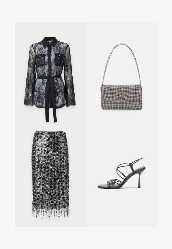 Črna čipkasta bluza z dolgimi rokavi, z gumbastimi žepi na prsih, klasičnim ovratnikom in pasom iz tkanine, vezanim na pasu. Prosojna zasnova.; Črna krilo z bleščicami z oprijetim krojem, okrašeno s krožnimi bleščicami in okrasnimi resicami na robu.; Črne visoke sandale na peto imajo tanke naramnice z vozlom, gladek kvadratni toe in eleganten stiletto peto.; Svetlo siva kovinska torbica z verižnim ročajem, okrašena z majhnimi okroglimi kovinskimi bleščicami in trikotnim logotipom blagovne znamke.; Srebrne obročaste uhane z gladko, sijočo površino. Zaobljena oblika, lahka zasnova, z zapiranjem na zatič.