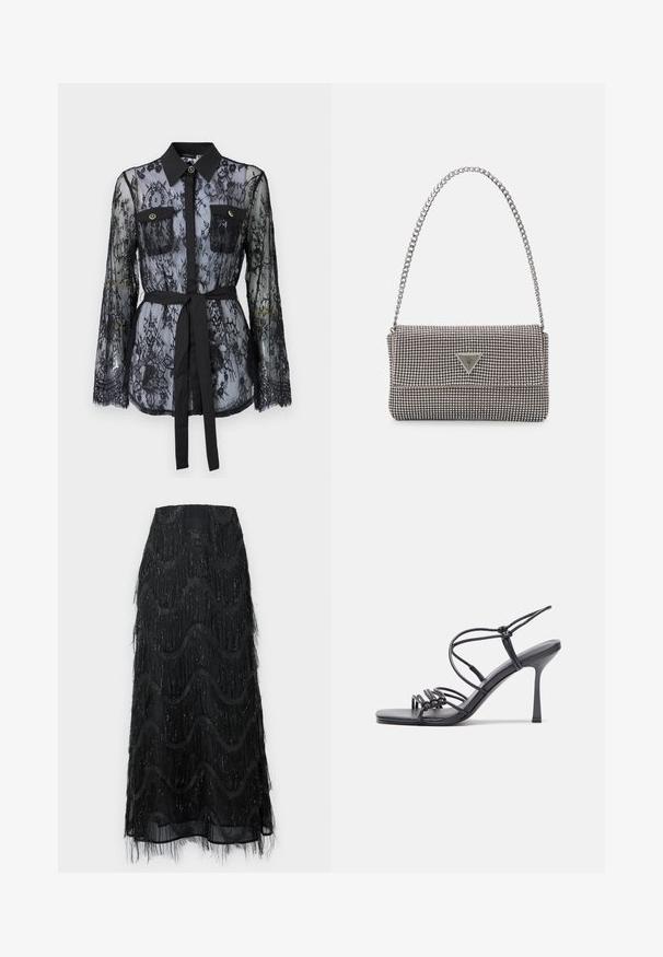 Čierna čipkovaná blúzka s dlhými rukávmi, gombíkovými náprsníkmi, klasickým golierom a látkovým opaskom viazaným v páse. Priehľadný dizajn.; Čierna midi sukňa s vrstvami frania a vlnkovými vzormi. Vyrobená z priesvitného materiálu so trblietavými akcentmi pozdĺž okrajov.; Čierne sandále na vysokom podpätku majú tenké remienky s uzlovým dizajnom, hladký štvorcový špičku a elegantný stiletto podpätok.; Svetlošedá metalická kabelka s reťazovým popruhom, ozdobená malými kruhovými kovovými štítkami a trojuholníkovým logom značky.