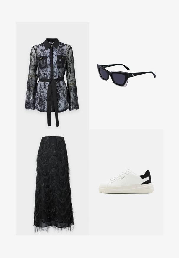 Black lace blouse featuring long sleeves, buttoned chest pockets, a classic collar, and a fabric belt tied at the waist. Transparent design.; Black midi skirt featuring layered fringe and wave patterns. Made from sheer material with sparkly accents along the edges.; White leather sneakers with a thick white sole, black suede heel accent, and embossed logo on the side. Laced design with six eyelets.; Black oversized sunglasses with a geometric shape, featuring dark lenses and a contrasting grey detail on the frame. Logo on the arm.