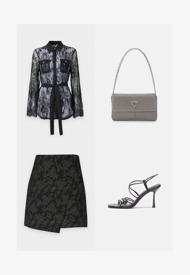 Fekete csipke blúz hosszú ujjal, gombos mellzsebekkel, klasszikus gallérral, és derékra kötött szövet övvel. Átlátszó kialakítás.; Fekete szoknya átkötős dizájnnal, amely ezüst árnyalatú levélmintával díszített. Simogató textúrájú, aszimmetrikus szegéllyel, közép-thigh hosszúságú.; Fekete magas sarkú szandálok vékony pántokkal, csomózott mintával, sima négyzetes orral és karcsú stiletto sarkal rendelkeznek.; Világosszürke fémes kézitáska lánc pánttal, kis kör alakú fém kifinomult díszítéssel és háromszög alakú márkagéppel.; Ezüst karika fülbevalók sima, fényes felülettel. Lekerekített forma, könnyű kialakítással, tűs zárómechanizmussal.