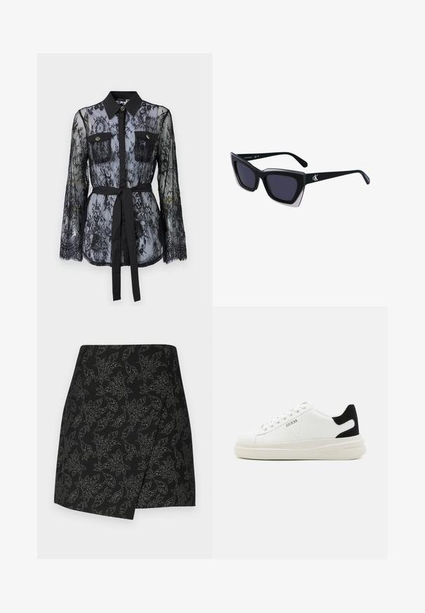 Juodas nėrinių palaidinė su ilgomis rankovėmis, sagomis ant krūtinės kišenių, klasikinė apykaklė ir audinys diržas, surištas ties liemeniu. Permatomas dizainas.; Juoda sijonas su apvyniojimo dizainu, dekoruotas lapų raštu sidabro tonais. Su lygia tekstūra, asimetriškais kraštais, vidutinio ilgio iki šlaunų.; Baltos odinės sportbačiai su storu baltu padu, juodu nubuko kulno akcentu ir iškilmingu logotipu šone. Su raišteliais, turinčiais šešis akinius.; Juodos didelės saulės akinių su geometrine forma, turinčiais tamsius objektyvus ir kontrastingą pilką detalę ant rėmelio. Logotipas ant šalon.