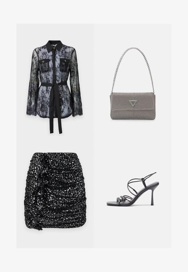 Blusa nera in pizzo con maniche lunghe, tasche sul petto con bottoni, colletto classico e una cintura in tessuto legata in vita. Design trasparente.; Mini gonna nera arricciata con dettagli in paillettes argentate, caratterizzata da una finitura testurizzata e un design asimmetrico per un maggiore interesse visivo.; Sandali neri con tacco alto presentano sottili cinturini con design annodato, una punta quadrata liscia e un elegante tacco a spillo.; Borsa a mano metallica grigia chiara con tracolla a catena, impreziosita da piccoli chiodi metallici circolari e da un logo triangolare del marchio.; Orecchini a cerchio in argento con una finitura liscia e lucente. Forma arrotondata, design leggero, con chiusura a perno.