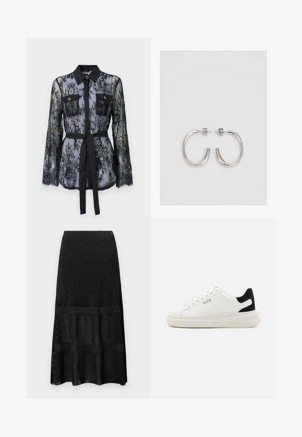 Blusa nera in pizzo con maniche lunghe, tasche sul petto con bottoni, colletto classico e una cintura in tessuto legata in vita. Design trasparente.; Gonna lunga nera a coste con un design a pannelli testurizzati, vita elasticizzata e una leggera lucentezza nel tessuto.; Sneaker bianchi in pelle con suola spessa bianca, accento in suede nero sul tallone e logo impresso sul lato. Design con lacci e sei fori per i lacci.; Orecchini a cerchio in argento con una finitura liscia e lucente. Forma arrotondata, design leggero, con chiusura a perno.