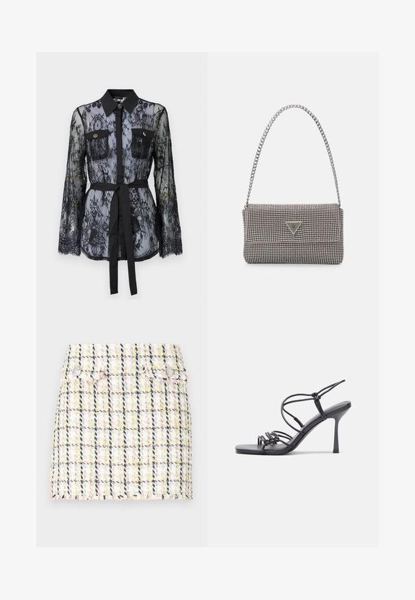 Blouse en dentelle noire avec des manches longues, des poches poitrine boutonnées, un col classique et une ceinture en tissu nouée à la taille. Design transparent.; Mini-jupe en tweed avec un motif à carreaux multicolore, un ourlet effiloché et deux accents de boutons métalliques à l'avant.; Des sandales noires à talons hauts avec des fines lanières au design noué, un bout carré lisse et un talon aiguille élégant.; Sac à main en métal gris clair avec une bandoulière en chaîne, orné de petits clous métalliques ronds et d'un logo de marque triangulaire.; Boucles d'oreilles créoles en argent avec une surface lisse et brillante, présentant une forme incurvée et une fermeture à tige. Design minimaliste avec une finition moderne.