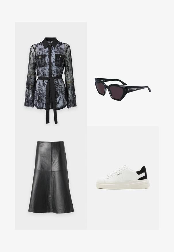 Czarna koronkowa bluzka z długimi rękawami, zapinanymi kieszeniami na piersi, klasycznym kołnierzykiem oraz materiałowym paskiem wiązanym w talii. Przezroczysty design.; Czarna skórzana spódnica A-liniowa z przeszyciami i gładką teksturą, zwężająca się ku dołowi. Prosty krój bez dodatkowych ozdób.; Białe skórzane sneakersy z grubą białą podeszwą, czarnym zamszowym akcentem na pięcie oraz wytłoczonym logotypem z boku. Projekt z sznurówkami i sześcioma dziurkami.; Czarne okulary przeciwsłoneczne w kocim kształcie, z ciemnymi soczewkami, błyszczącym wykończeniem oraz subtelnymi akcentami logo na zausznikach.; Srebrne kolczyki na biglu o gładkim, błyszczącym wykończeniu. O zaokrąglonym kształcie, lekkim designie, z zamknięciem na zatrzask.