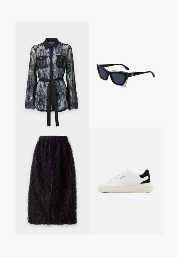 Fekete csipke blúz hosszú ujjal, gombos mellzsebekkel, klasszikus gallérral, és derékra kötött szövet övvel. Átlátszó kialakítás.; Fekete szoknya textúrált, bolyhos megjelenéssel, fémes szálakkal átszőve. Közepes hosszúságú, rugalmas derékpánttal.; Fehér bőr sportcipők vastag fehér talppal, fekete velúr sarokpikkelyel és dombornyomott logóval az oldalon. Fűzős kialakítás, hat fűzőlyukkal.; Fekete, nagyméretű napszemüveg geometrikus formával, sötét lencsékkel és kontrasztos szürke részlettel a kereten. Logó a szárán.; Ezüst karika fülbevalók sima, fényes felülettel. Lekerekített forma, könnyű kialakítással, tűs zárómechanizmussal.