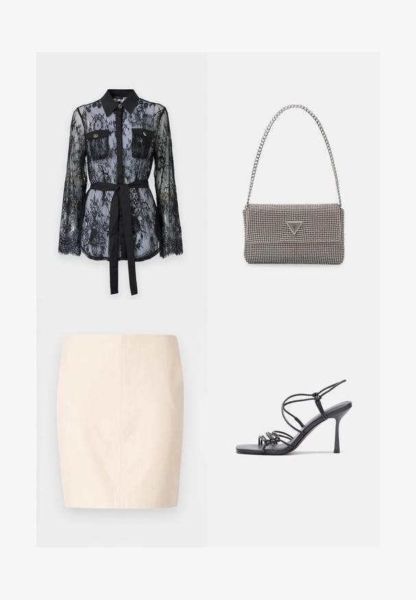 Sort blonde med lange ærmer, knaplukket brystlommer, klassisk krave og et stofbælte der er bundet om taljen. Gennemsigtig design.; Beige tætsiddende nederdel med en glat tekstur og rene linjer. Har en mellemhøj talje og en lige silhuet. Ingen synlige lukninger eller pynt.; Sorte højhælede sandaler med tynde stropper og en knyttet design, en glat firkantet tå og en slank stiletto hæl.; Lys grå metallisk håndtaske med kædestrop, dekoreret med små runde metalliske studs og et trekantet brandlogo.; Sølv øreringe i cirkel med en glat, skinnende overflade, der har en buet form og lukning med stift bagpå. Minimalistisk design med et moderne udseende.